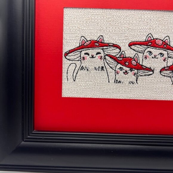 Homemade Black & Red Mushroom Cat Framed Embroidery Art - Picture 2 of 7
